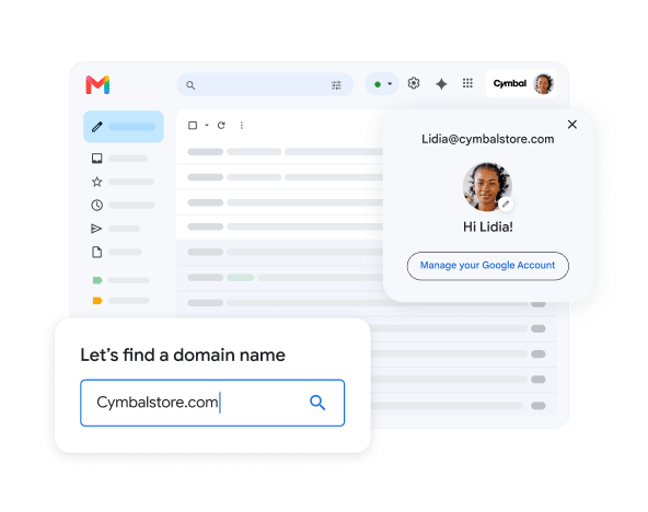 Google Workspace product illustration showing Gmail, a business account and domain setup
